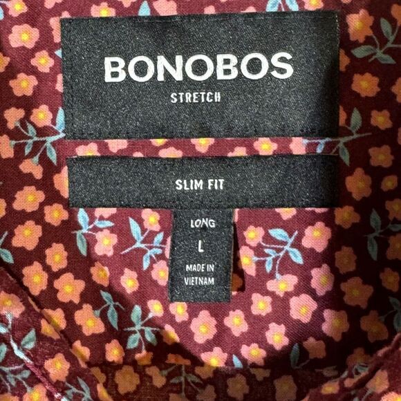 Bonobos Men Shirt Large Red Floral Stretch Slim Fit Short Sleeve Button-Up M528 - Picture 9 of 13